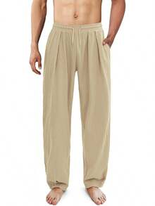 Pantalones casuales de algodón y lino para hombre ESTAMICO, de corte holgado, con cintura elástica y cordón, para verano y playa - Caqui - Ver 5