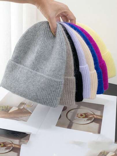 FADZOYLE 1顶纯色针织翻边帽 女款毛绒针织帽 柔软宽松四季秋冬保暖男女通用成人针织帽 大头围提拉脸型保暖舒适 滑雪跑步配件 户外旅行礼物