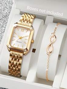 2件套女士礼品手表 - 不锈钢表带，方形表盘，罗马数字，优雅石英腕表 + 手链（不含表盒） - 金色 - 查看 2