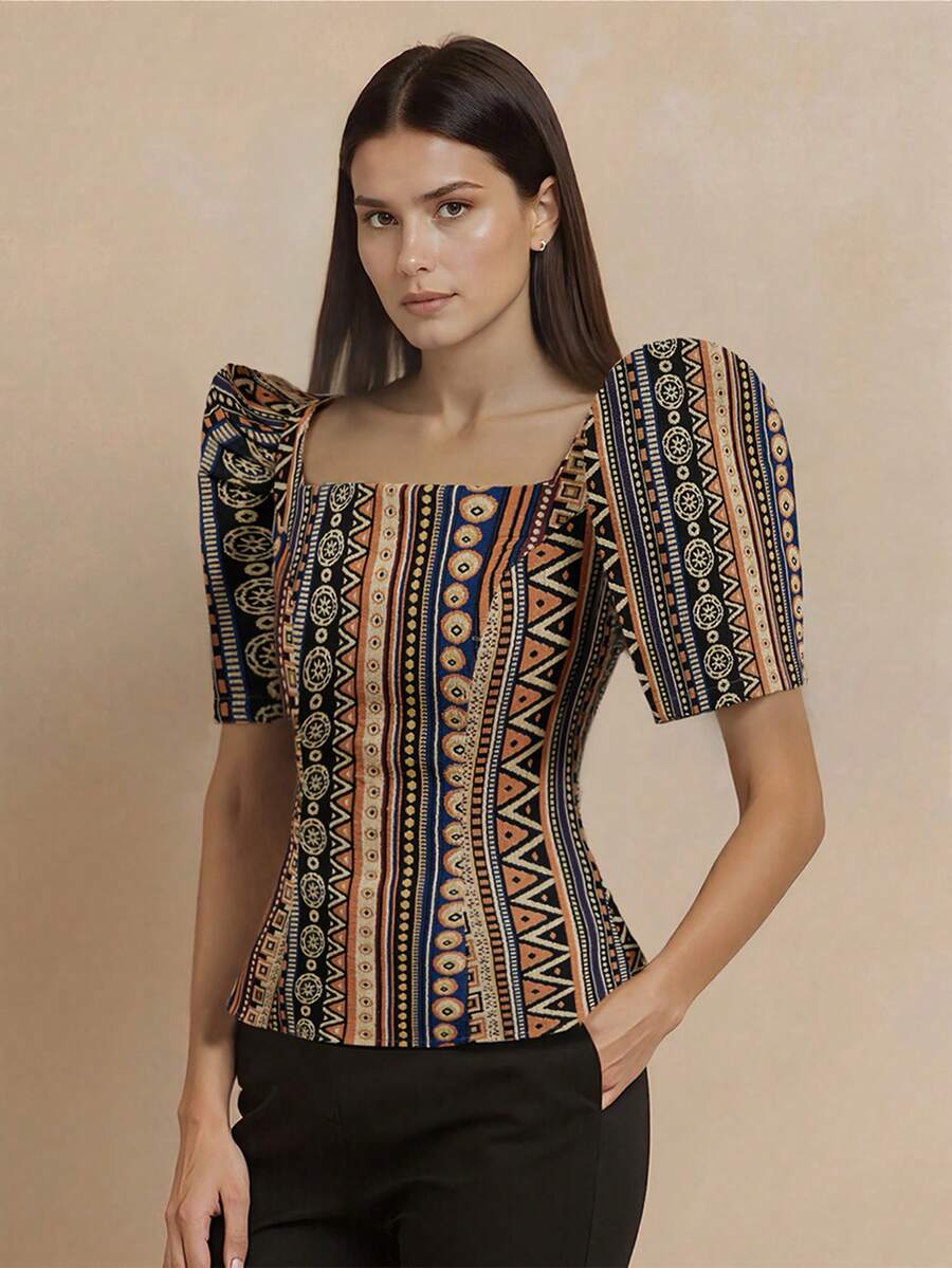 女士优雅几何条纹泡泡袖方领衬衫，现代菲律宾风格 - 橘色 - 查看 1