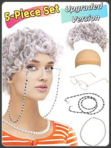 5Pcs Women's Wig COS GRANDMA Short Curly Hair GRANDPA Middle-Aged And Elderly Sketch Dressing Set, Grandmother Role-Playing Set, Interesting Elderly Woman Dressing Set Wearing Wig Hat, Pearl Necklace, Glasses Chain, Realistic Grandmother Costume Wig, Elderly Woman Costume Set Halloween Costume Party Elderly Woman Wig, Stage Performance Costume, Party Decoration Photography Props, Perfect For Giving To Family And Friends
