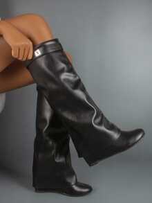 Women's New The Knee Boots Round Toe Wedges High Heels Slip-On Shark Lock Decor Vintage Streets Style Designer - Black - View 5