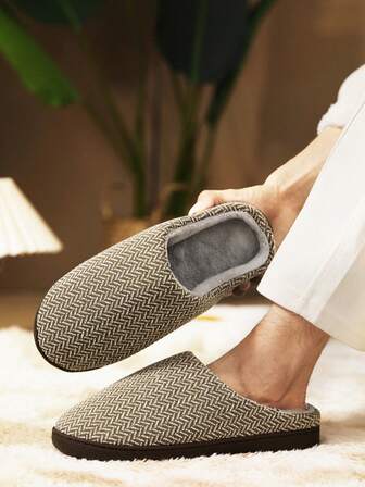 1 Pair Unisex Retro Herringbone Pattern Slippers, Warm Plush Lining, Comfortable For Indoor Wear All Season, Autumn/Winter