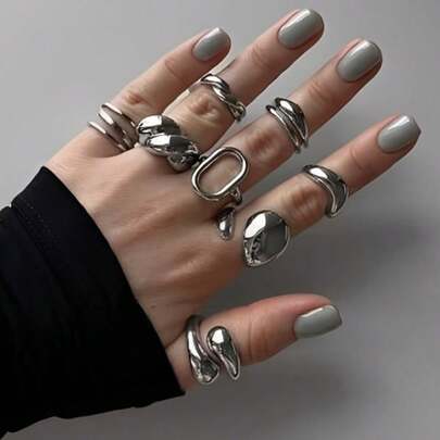 Set de 8 anillos anchos y exagerados de metal abierto, anillos geométricos asimétricos gruesos y lisos con capas para mujeres, accesorios para fiestas y festivales de música