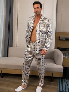 2pcs Men's Sleepwear Set, Letter & Geometric Pattern Satin Robe & Pants, All Season, Fall Clothes