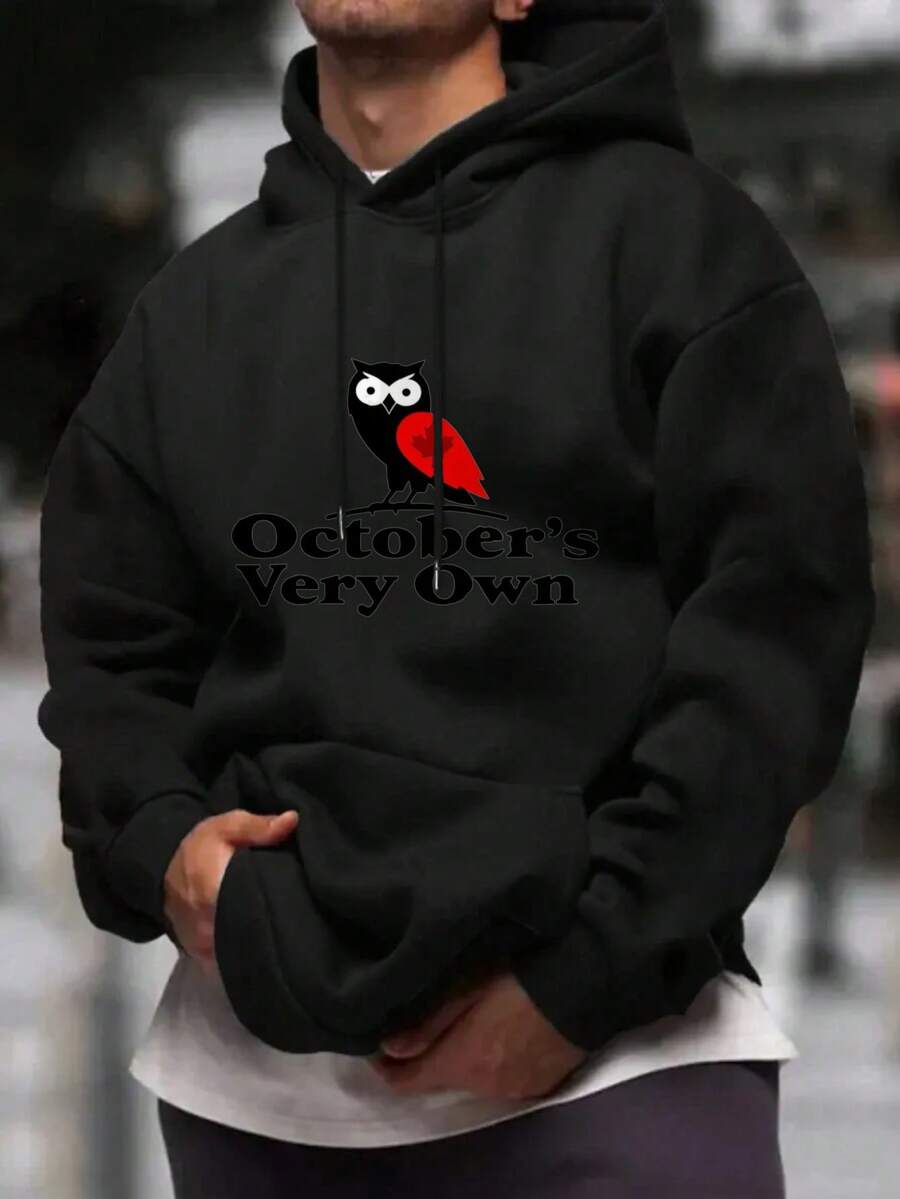 Men'S October'S Very Own OVO Canadian Hoodie - Maroon Casual Pullover With Bold Letter Print, Long Sleeve, Loose Fit, 100% Polyester, Perfect For Fall And Spring, Oversized Hoodie - 黑色 - 查看 1