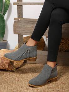 Women's Chunky Heel Ankle Boots, Low Heel Side Zipper Short Boots, Solid Color Pointed Toe Ladies Boots, Suitable For Holidays, Vacations And Travel, Classic Versatile Women Boots - Grey - View 5