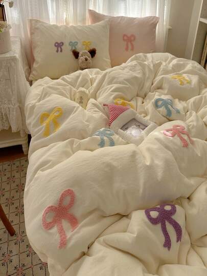 Joivida Cut Embroidery Colorful Bowknot Duvet Cover Set, White Bedding Set 3pcs,Including 1 Duvet Cover And 2 Pillowcases, Ultra Soft Breathable Chic Comforter Cover