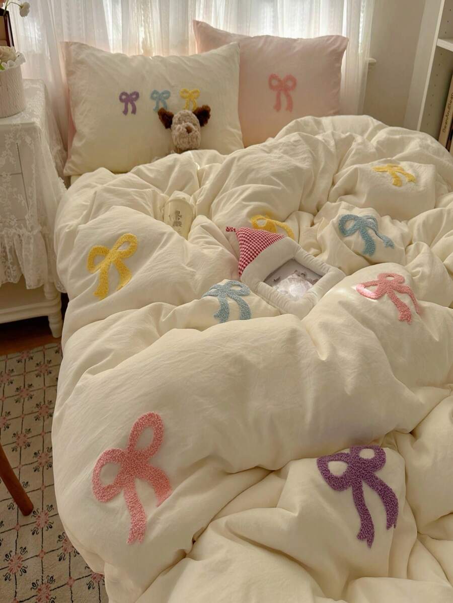 Joivida Cut Embroidery Colorful Bowknot Duvet Cover Set, White Bedding Set 3pcs,Including 1 Duvet Cover And 2 Pillowcases, Ultra Soft Breathable Chic Comforter Cover
