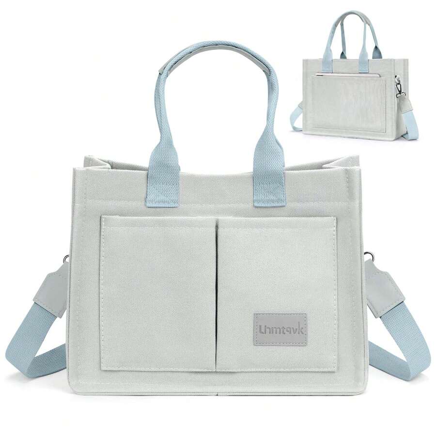 Canvas Tote Bag For Women With Pockets Crossbody Bag Tote Shoulder Handbags Casual Work Bags Everything Tote Bag - 灰色 - 查看 1