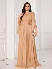 UNITHORSE UNITHORSE Women's V-Neck Half Sleeve Hand-Made Three-Dimensional Flowers Embellished Slim-Fitting Maxi Evening Dress