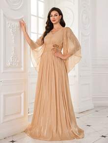 UNITHORSE UNITHORSE Women's V-Neck Half Sleeve Hand-Made Three-Dimensional Flowers Embellished Slim-Fitting Maxi Evening Dress