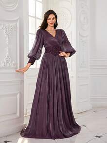 UNITHORSE Đầm dài ôm sát dáng ống, cổ chữ V, tay phồng, màu trơn, đính sequin và chất liệu giả neon dành cho nữ, thích hợp cho lễ tốt nghiệp hoặc dạ hội. - Màu tím - Xem 2