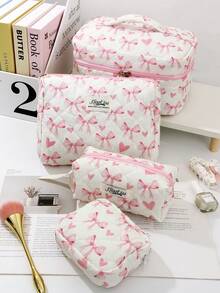 1 Bolsa de Cosméticos Grande com Estampa de Coração Rosa e Laço Acolchoada, Bolsa de Toucador Portátil com Zíper, Bolsa de Armazenamento de Maquiagem Pode Guardar Batom, Pincéis, Produtos de Cuidados com a Pele, Telefones Celulares, Moedas, Pequenos Itens, Adequada para Uso Doméstico, Viagem, Cruzeiro, Férias e Escola, Presentes de Dama de Honra de Casamento, Presentes de Aniversário, Presentes de Festival, Essenciais de Outono Universitários, Bolsa de Viagem de Férias para Mulheres, Bolsa de Maquiagem, Organizador de Maquiagem