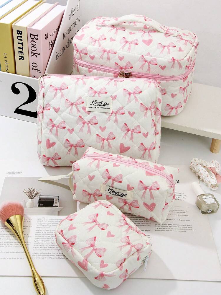 1个可爱粉色爱心蝴蝶结绗缝大容量化妆包，便携式拉链洗漱包，化妆品收纳袋，可装口红、化妆刷、护肤品、手机、零钱等，适合居家、旅行、邮轮、度假、上学等场合，也是伴娘礼物、生日礼物、节日礼物、秋季大学必备、假日旅行包、女士化妆包的理想之选。 - 米色 - 查看 11