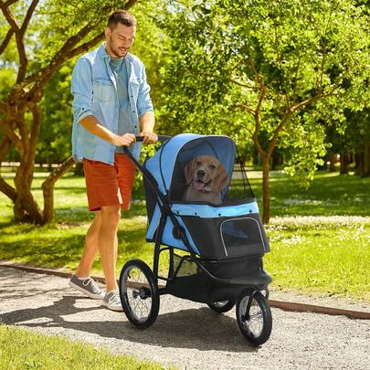  PawHut 3 Wheel Pet Stroller, For Medium Small Dogs, Foldable Cat Pram - Blue