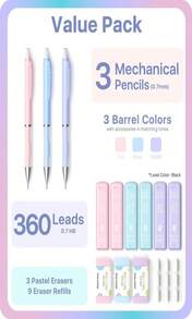 Four Candies Pastel Mechanical Pencil Set - 6PCS 05 Mm &Amp; 07mm Pencils With 360PCS HB #2 Lead Refills, 3PCS Erasers And 9PCS Eraser Refills, Cute School Supplies Stuff For Student Writing Drawing
