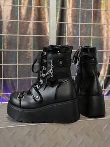 Damskie buty sportowe jesień i zima 2025 w stylu punk z grubym dnem i okrągłym noskiem, zapinane na zamek błyskawiczny z boku, czarne, brzoskwiniowe, serduszko, damskie, wysokiej jakości, lekkie, antypoślizgowe, miękkie i wygodne, podwyższone buty robocze, damskie, poliuretanowe, zintegrowane, smukłe, podwyższone buty, Halloween, studentki muszą podwyższyć smukłe, uniwersalne buty do uprawiania sportów na świeżym powietrzu, buty zimowe, czarne buty na obcasie, czarne buty na obcasie dla kobiet, brązowe buty świąteczne - Czarne - Zobacz 15