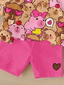 Conjunto de 2 piezas para bebé niña con estampado de capibara lindo - camiseta de cuello redondo y manga corta minimalista y pantalones cortos ajustados, adecuado para primavera/verano - Multicolor-1 - Ver 4