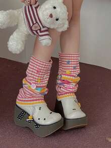 1pair Colorful Millennial Hot Girl Striped -Contrast Color Ins Style Pile Knitted Yarn Leg Cover-Pay Attention To The Random Color Position Of Color Buttons, Cozy