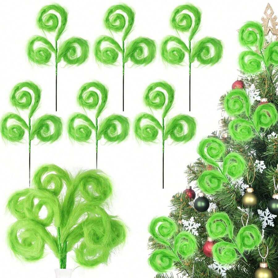 6pcs/1pc Green Feather Fluffy Christmas Picks, Green Furry Christmas Tree Decorations, Christmas Hat Wreath Vase Filler - Multicolor - View 1