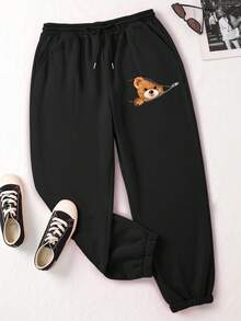 Autumn And Winter Fashion Sports Trousers, Custom Photo T-Shirts, Add Your Own Text And Pictures (Couple Photos/Girlfriend Photos/Family Photos/Selfies/Pet Photos/Friend Photos/Party Photos) To Design Your Own Personalized Sports Jogging Drawstring Trousers - Black - View 3