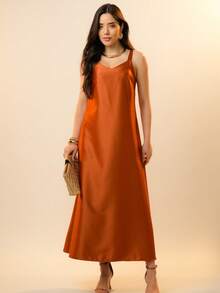 Italian Style Boat Neck Sleeveless Fitted Dress For Women - 亮橙色 - 查看 2