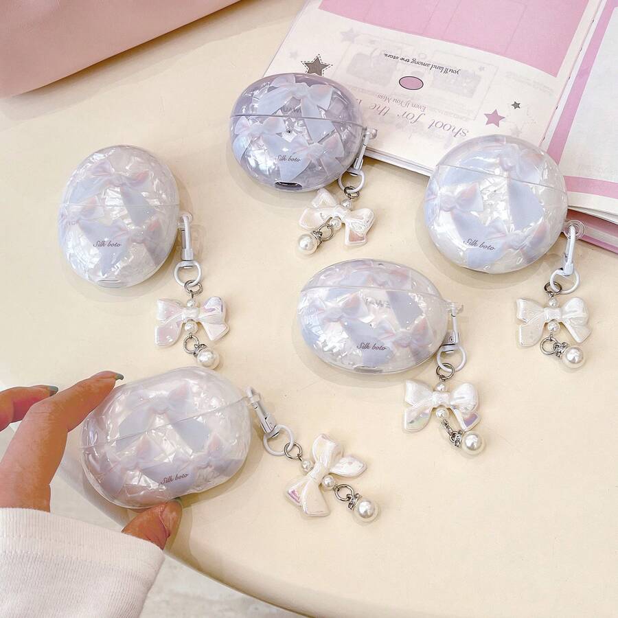 蝴蝶结贝壳图案耳机保护套，适用于华为Freebuds SE2/SE3、Freebuds 5i/6i/6、Freebuds Pro3/Pro4，简约优雅设计 - 蝴蝶結貝殼紋 - 查看 1