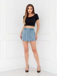 WL Moda Women's Simple Casual Denim Skirt Shorts With Side Pockets And Side Button Slim Fit For Summer - Rửa trung bình - Xem 9