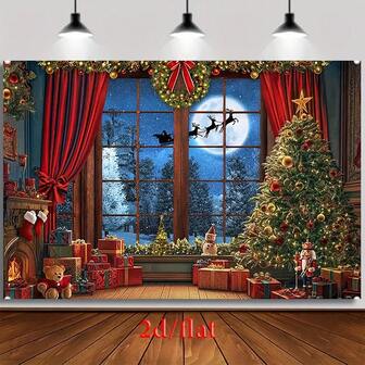 1 pieza de tela de fondo para fiesta con tema navideño - Escenario de ventana festiva, árbol y escenas de regalos, y trineo de Papá Noel con nieve, tela de poliéster adecuada para bodas, cumpleaños, festivales - No se requiere electricidad, fácil de instalar, decoración navideña, diseño de fondo festivo, diseño plano