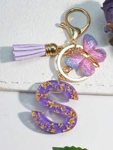 1pc Resin Starry Sky Epoxy English Letter Keychain With Tassel & Fluffy Pom Pom Decor, Gift For Friends & Mothers, Heart Pendant Christmas - Purple - View 16