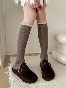 1双秋冬女羊绒小腿蕾丝袜及膝加厚保暖搭配靴子洛丽塔显瘦百搭长筒袜 - 彩色 - 查看 7