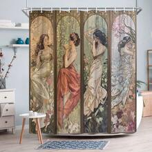 1pc Art Nouveau Women Triptych Shower Curtain - Three Women In Flowing Dresses Set Against Floral Backgrounds - Vintage Bathroom Decor - Polyester Fabric Shower Curtain - 12 Hooks, Bathroom Decor, Home Decor, Bathroom Essentials, Farmhouse Home Decor - 白色 - 查看 3