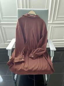 Plus Size Women's Solid Color Single-Breasted Casual Pocket Long Sleeve Shirt - Brown - View 3