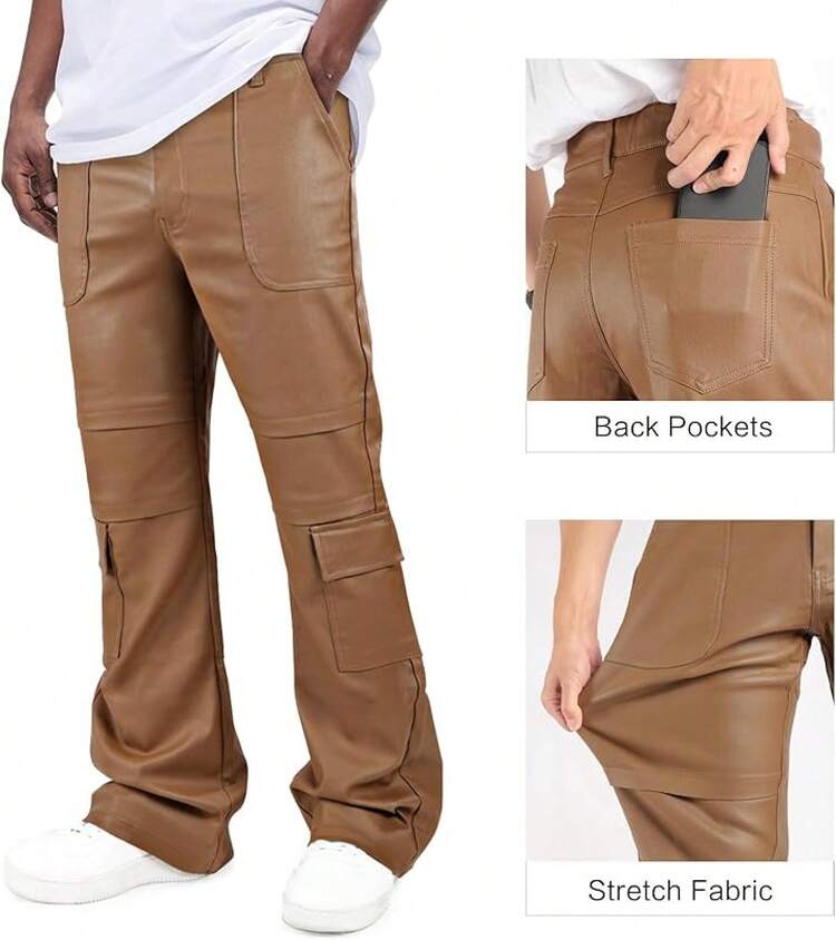 Mens Faux Leather Cargo Pants Flared Bell Bottoms With Pockets For Men 70s Party Pants-20256688 - 棕色 - 查看 6