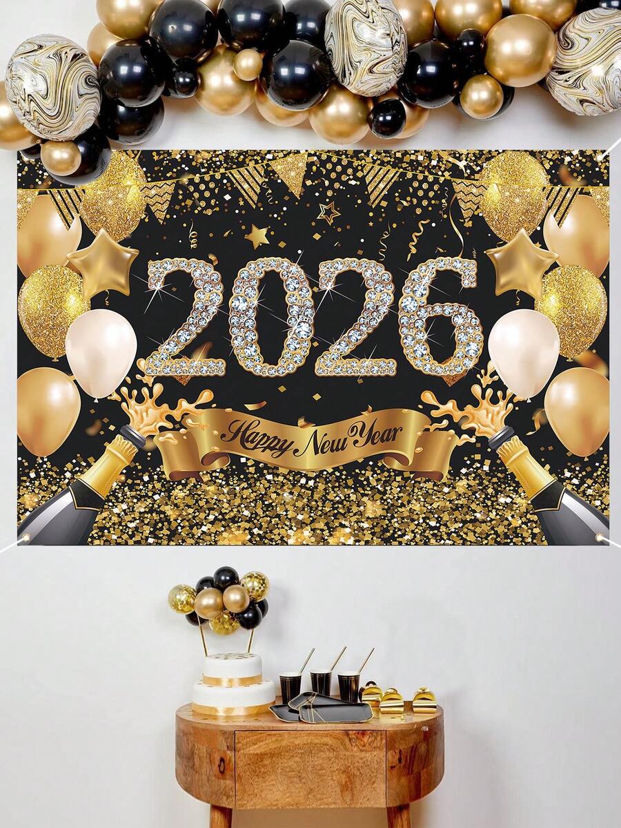 1 Stück Hintergrundfahne mit Neujahrsmotiv, schwarze und goldene Neujahrsballons aus Polyester, für 2026 Neujahrsfestdekoration Hintergrund Stoff für Zuhause, Raumdekoration, Neujahrsfestdekoration, Partydekor, Gartendekoration, Hängedekoration, 2026 Neujahrsdekoration, Partyfavors