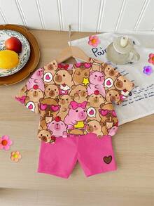 Conjunto de 2 piezas para bebé niña con estampado de capibara lindo - camiseta de cuello redondo y manga corta minimalista y pantalones cortos ajustados, adecuado para primavera/verano - Multicolor-1 - Ver 3