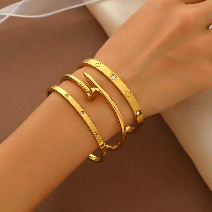 1 Set Stainless Steel Gold Color Bangle Bracelet With Rhinestone Nail & Waist Design, Gold Bangles