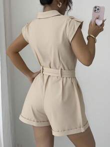 Novedades otoño/invierno: pantalones cortos tipo mono de trabajo para mujer: informales, elegantes, cálidos, modernos, estilo Y2K. Perfectos para salidas, vacaciones, cumpleaños, reuniones y fiestas. Mujer estilo casual jumpsuit sin algodón con botones, ajuste holgado, cuello tipo camisa, manga corta, primavera-verano, uso diario, categoría de moda. - Caqui - Ver 4