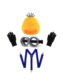 1/4 件趣味黄色帽子和眼镜服装套装，配有手套和吊带 - 非常适合万圣节、圣诞节、角色扮演派对和主题活动