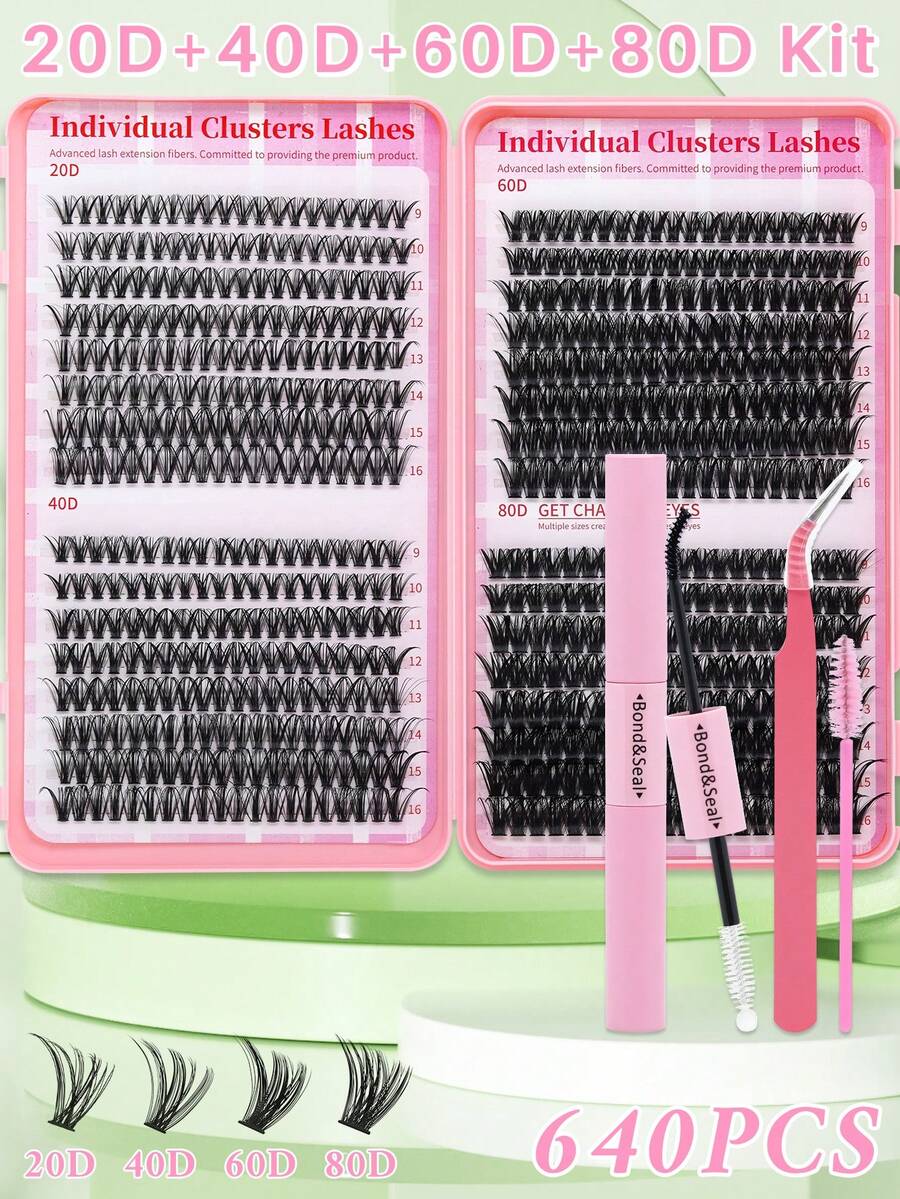640PCS 20D40D60D80D Cluster Lashes Kit High Capacity Individual Lash Clusters 9-16mm Mixed D Curl Effect Natural Look Wispy Soft And Comfortable False Eyelashes Long-Lasting Individual Lashes Kit With Lash Bond&Seal And Tweezers And Lash Brush - màu đen - Xem 1