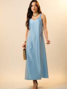 Italian Style Boat Neck Sleeveless Fitted Dress For Women - 藍色 - 查看 3
