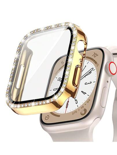 1pc Unisex Shiny Rhinestone Decorated Fashionable Scratch-Resistant Ultra-Thin Tempered Glass Screen Protector & Watch Case, Compatible With 38/40/41/42/44/45/46/49mm Series Ultra/SE/11/10/9/8/7/6/5/4/3/2/1, Smart Watch Accessory