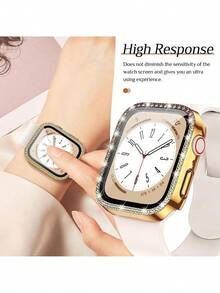 1pc Unisex Shiny Rhinestone Decorated Fashionable Scratch-Resistant Ultra-Thin Tempered Glass Screen Protector & Watch Case, Compatible With 38/40/41/42/44/45/46/49mm Series Ultra/SE/11/10/9/8/7/6/5/4/3/2/1, Smart Watch Accessory - Gold - View 4