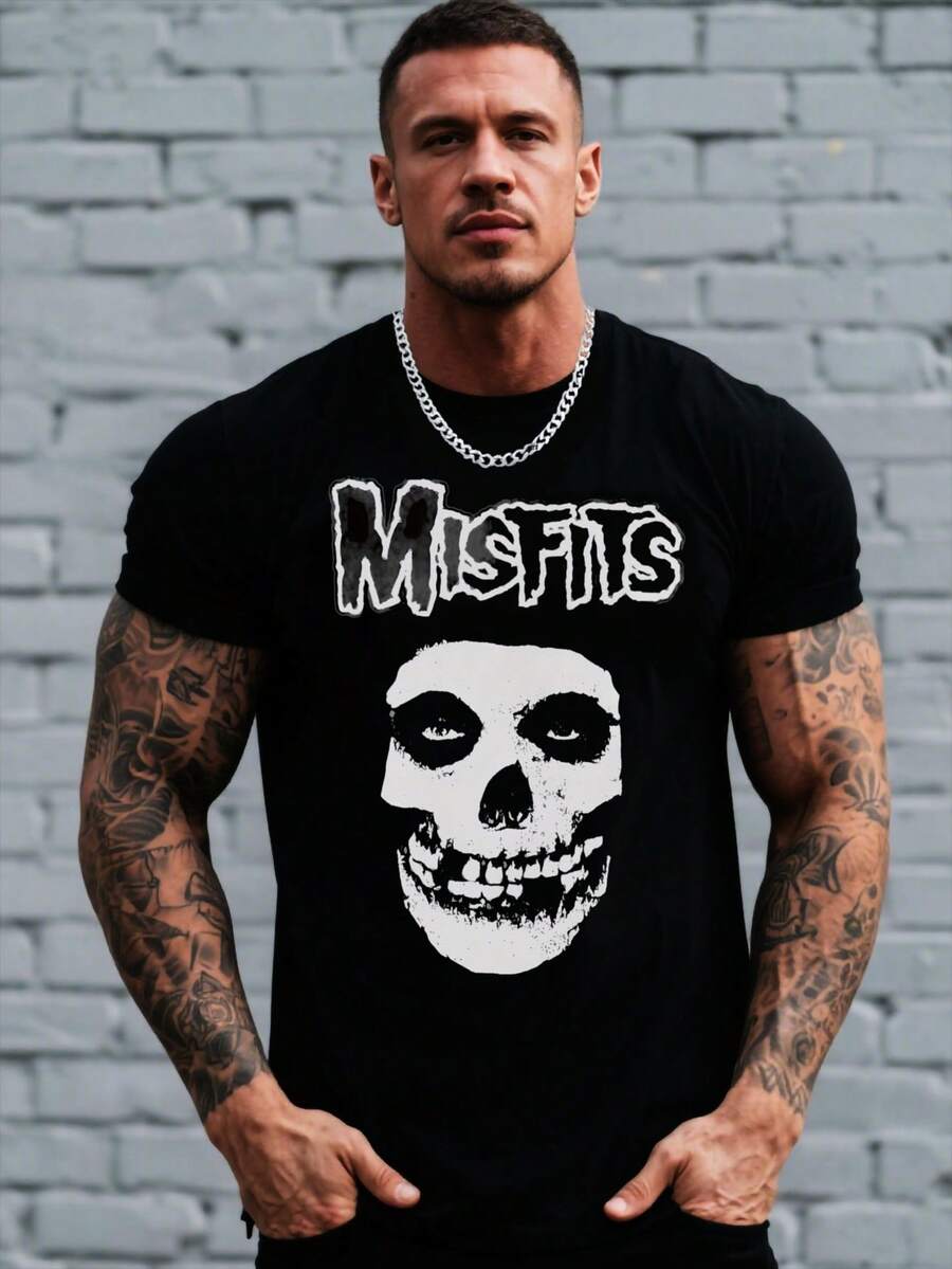 Men'S Black Misfits Graphic T-Shirt - Vintage Rock Band Design, Short Sleeve, Round Neck, Casual Summer Tee For Music Fans, Beach, Holiday, And Party Wear, Holiday Apparel  Skull Print Shirt  Lightweight Tshirt - màu đen - Xem 1