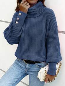 Women's Loose Turtleneck Sweater, Casual & Formal Ribbed Knit Button Up Long Sleeve Pullover - Dusty Blue - View 7
