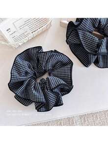 Fashion Retro Plaid Double-Layer Large Intestine Hair Band Low Ponytail Hair Rope Ball Head Women's Rubber Band Hair Tie Head Rope Head Flower Hair Accessories - 寶藍色 - 查看 6