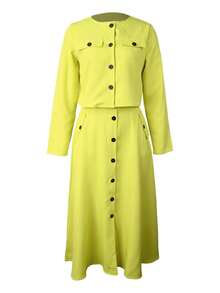 2pcs/Set Autumn/Winter Round Neck Long Sleeve Cardigan Top And Single-Breasted Pocket Skirt Casual Chic Outfit