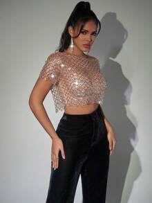 Sedessea Shiny Sequin Pearl Beaded Mesh Sheer Crop Top, Suitable For Braless Parties And Music Festivals - Gold - View 4