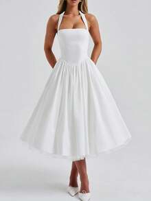 Women Solid Color Tutu Dress Elegant Tie-Up Halter Neck Pram Corset Dress Sleeveless Open Back Cross A-Line Long Tank Dress Party Cocktail Weeding Guest Dress - 白色 - 查看 6